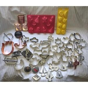 Large Lot of 50+ Cookie Biscuit Cutters Tin Copper‎ Aluminum + 2 Plastic Molds